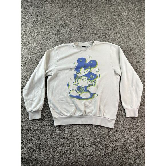 Disney Sweatshirt Mens Medium Beige Blue Mickey Mouse Crewneck Pullover FLAW - Picture 1 of 11